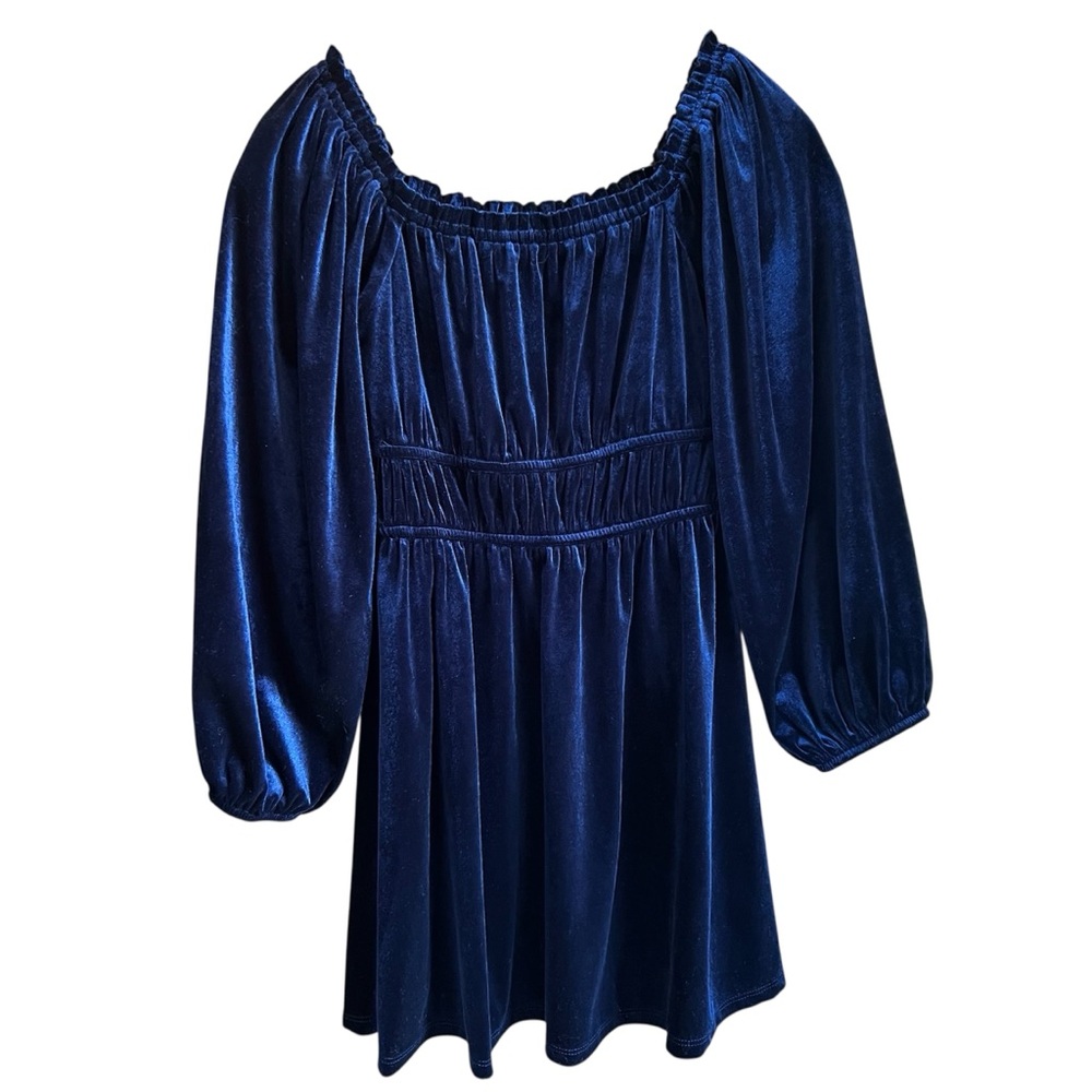 AQUA GIRLS Size 10/12 Elegant Deep Blue Velvet Dress Long Sleeve Smocking
